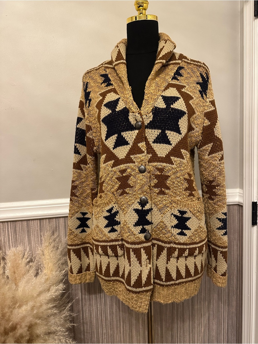 Cotton Rye Outfitters Southwestern Aztec Cardigan Sweater Small Brown Cream Navy